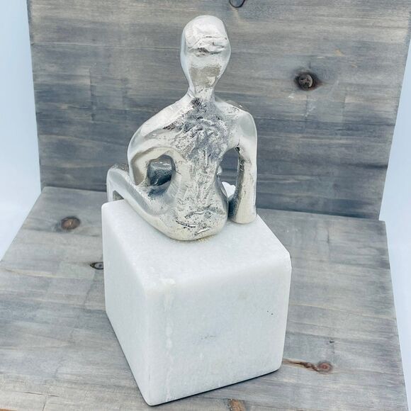 Modern Style Statue of Silver Metal Seated Human Figure Upon Marble Cube Bookend - Picture 5 of 11